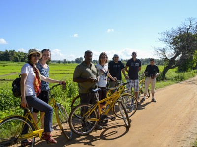 Fietsers tijdens de Route Sri Lanka en Malediven langs groene rijstvelden op een zandweg.