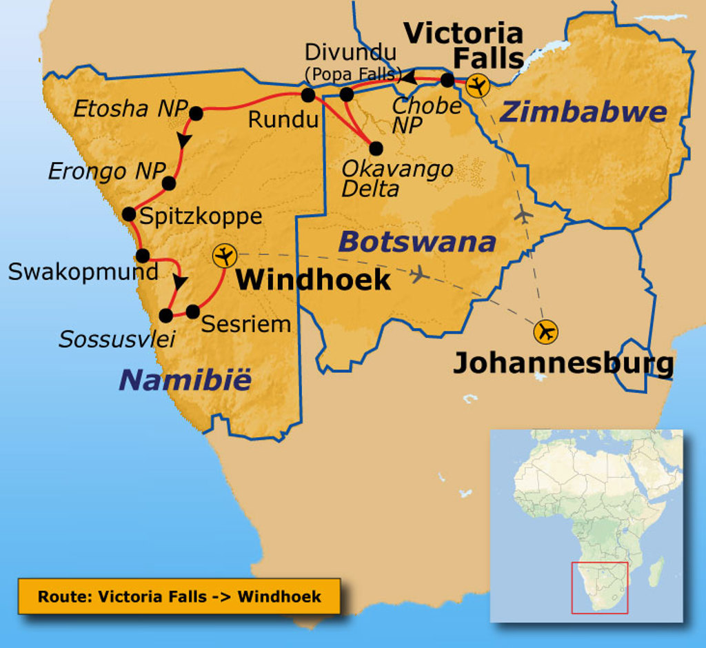 Routekaart Zuidelijk Afrika van Victoria Falls naar Windhoek via Chobe, Okavango Delta en Namibië.