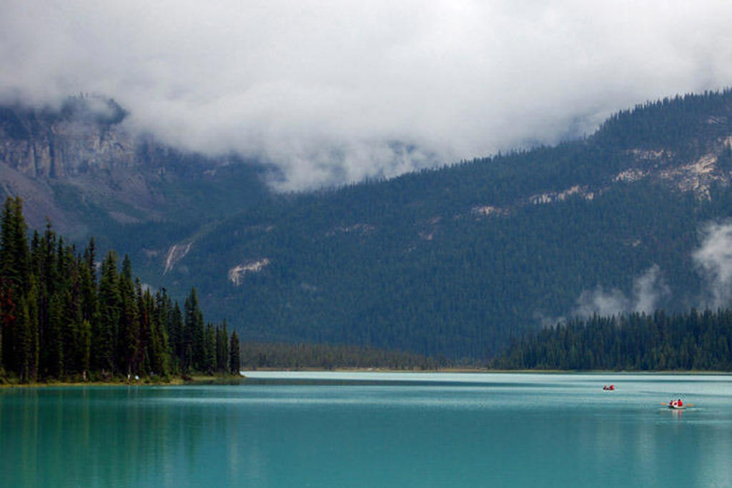 Turquoise bergmeer in West-Canada met dennenbos, mistige bergen en kanoërs op het water.