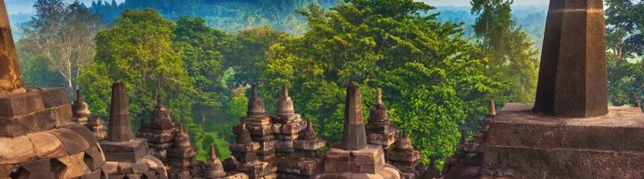 Panoramisch uitzicht op de Borobudur-tempel in Indonesië, omringd door groene heuvels en bomen.