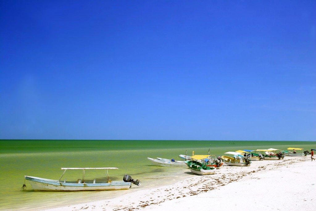 Vissersboten langs een wit zandstrand aan de kust van Mexico tijdens een groepsrondreis.