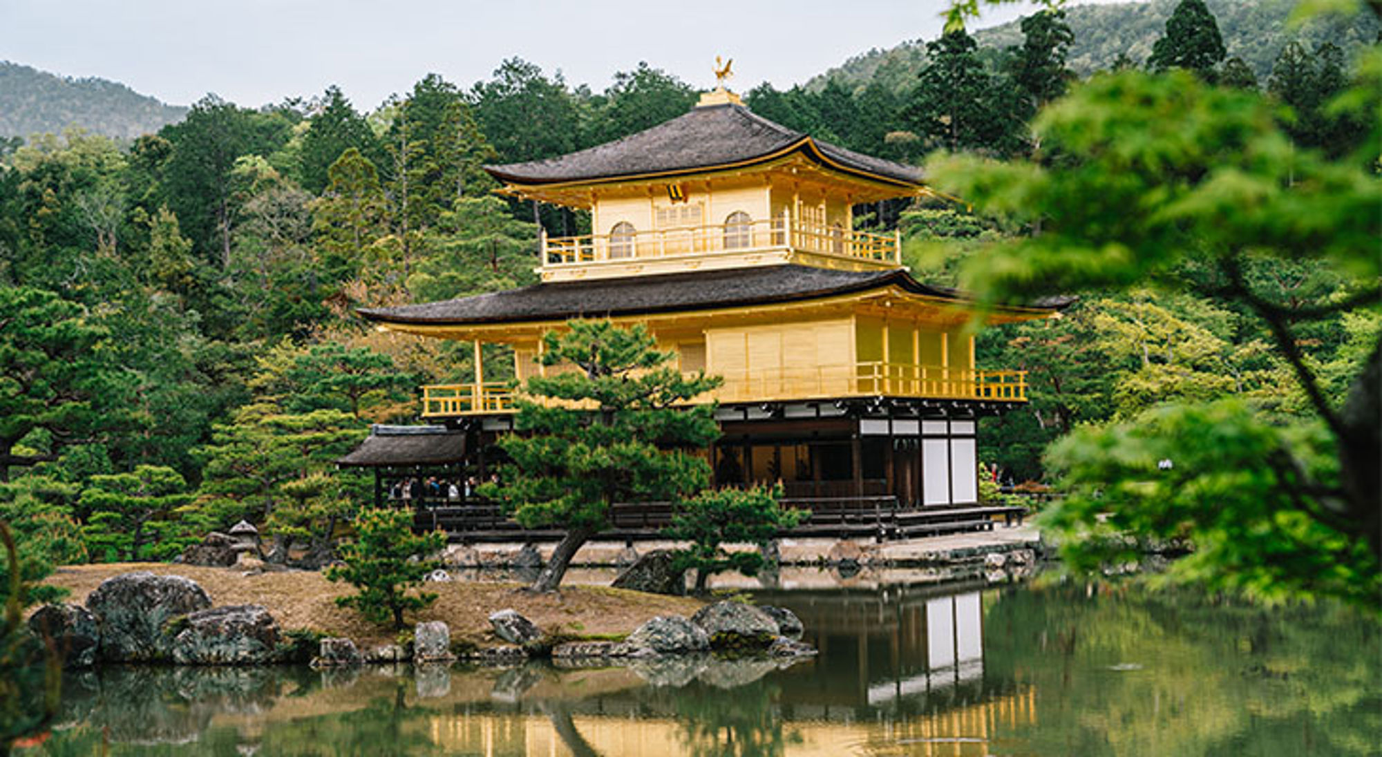 Japan Gouden Kinkaku-ji tempel in Kyoto, omringd door groen en weerspiegeld in een vijver.