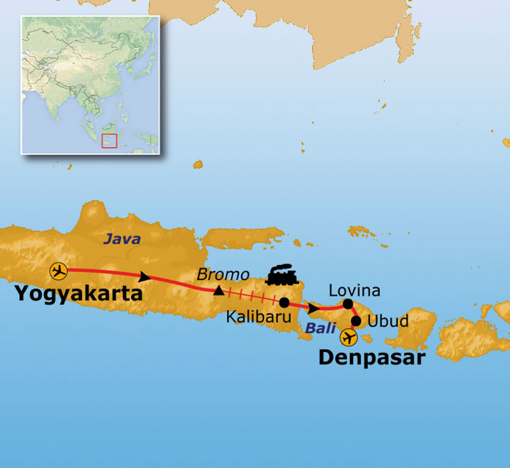 Routekaart Java en Bali met reisroute via Yogyakarta, Bromo, Kalibaru, Lovina, Ubud en Denpasar.