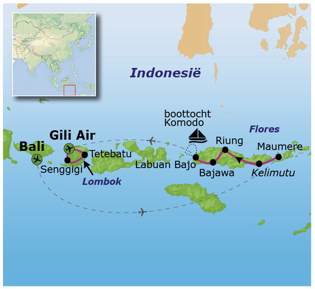 Routekaart Kleine Sunda-eilanden: Bali, Gili Air, Lombok, Komodo, Flores, Riung, Bajawa, Kelimutu en Maumere.