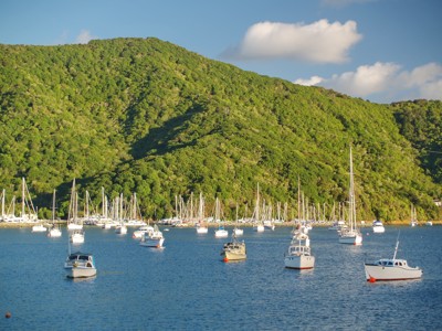 Zeilboten in een baai met groene heuvels op de achtergrond, Route Nieuw-Zeeland.