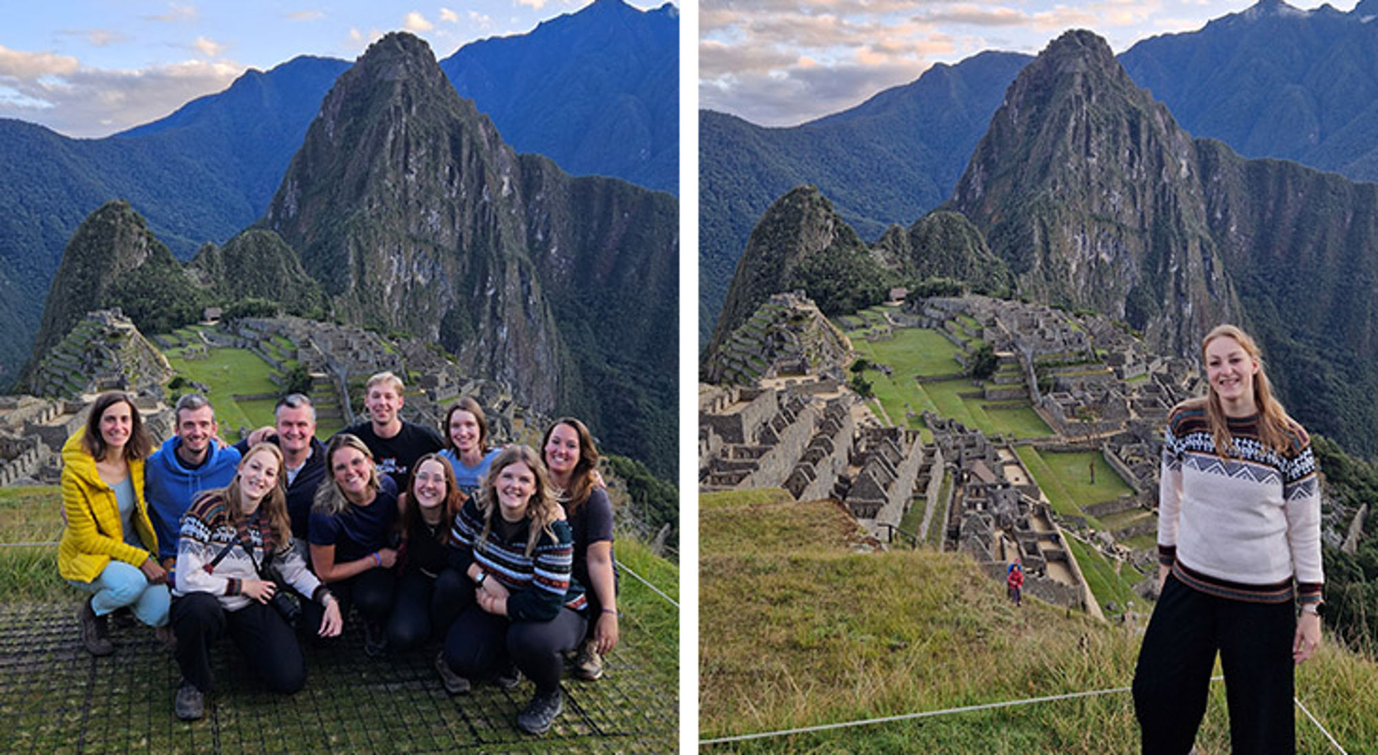 Machu Picchu Groepsfoto en reiziger bij Machu Picchu met de Huayna Picchu-berg op de achtergrond.