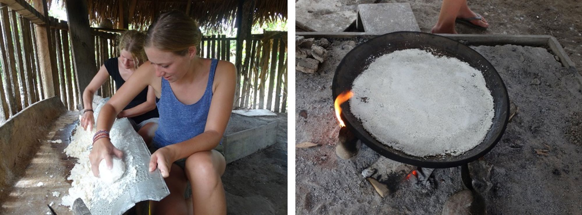 Eten in Ecuador Vrouwen bereiden cassavemeel en bakken cassavepannenkoek op open vuur in een hut.