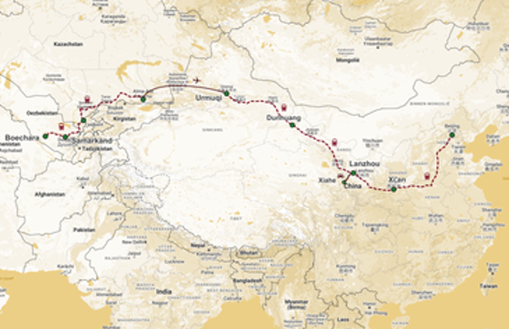 Routekaart van de Zijderoute met de trein van Xi’an via Dunhuang en Almaty naar Bishkek.