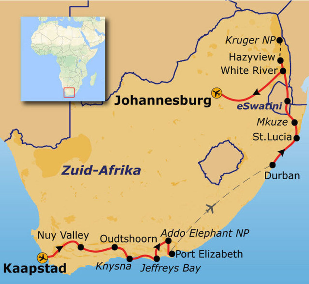 Routekaart Zuid-Afrika met reisroute van Kaapstad via Port Elizabeth en Durban naar Johannesburg en Kruger NP.