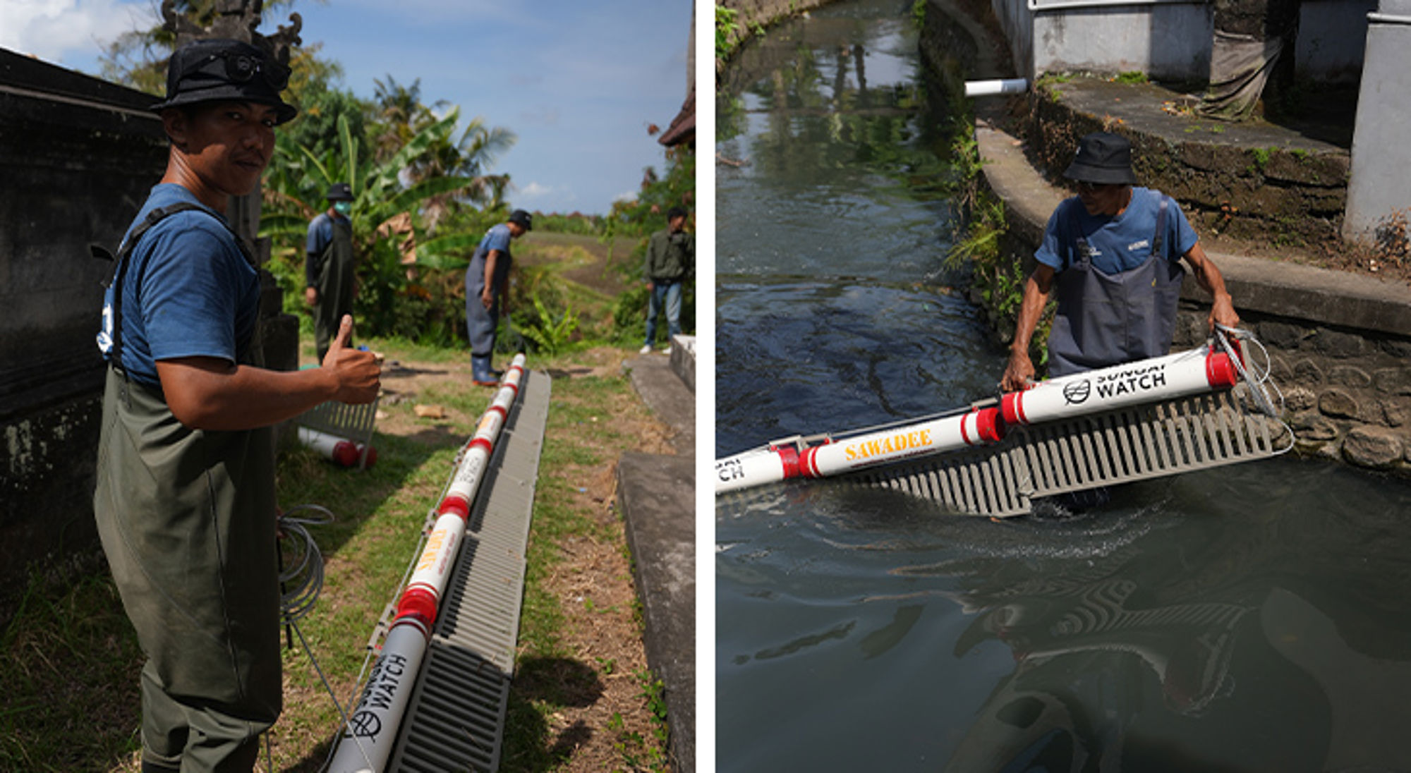 Sawadee afvalbarrière in Bali Medewerker plaatst een drijvende afvalbarrière in een kanaal om plastic en vuil op te vangen.
