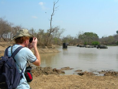 Fotograaf maakt foto van olifanten die baden in een rivier.