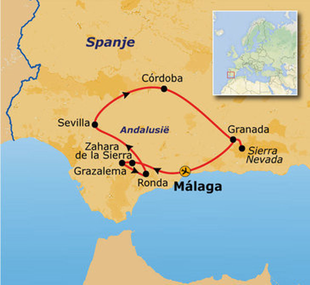 Routekaart Andalusië met reisroute via Málaga, Granada, Córdoba, Sevilla, Ronda, Grazalema en Zahara de la Sierra.