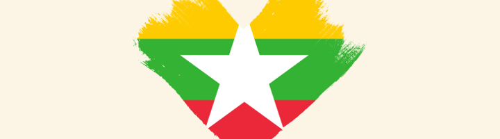Hart in de kleuren van de vlag van Myanmar als symbool voor steun aan de slachtoffers van de aardbeving.