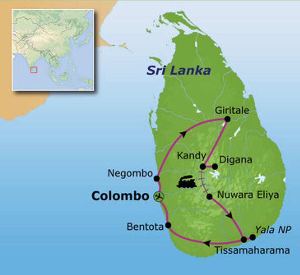 Routekaart Sri Lanka met reisroute langs Colombo, Negombo, Kandy, Nuwara Eliya, Yala NP en Bentota.