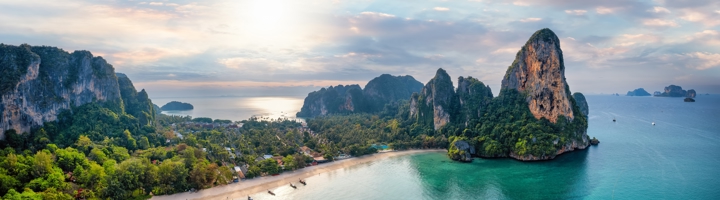 Panoramisch uitzicht op Railay Beach in Thailand met kalkstenen rotsen, palmbomen en turquoise zee.
