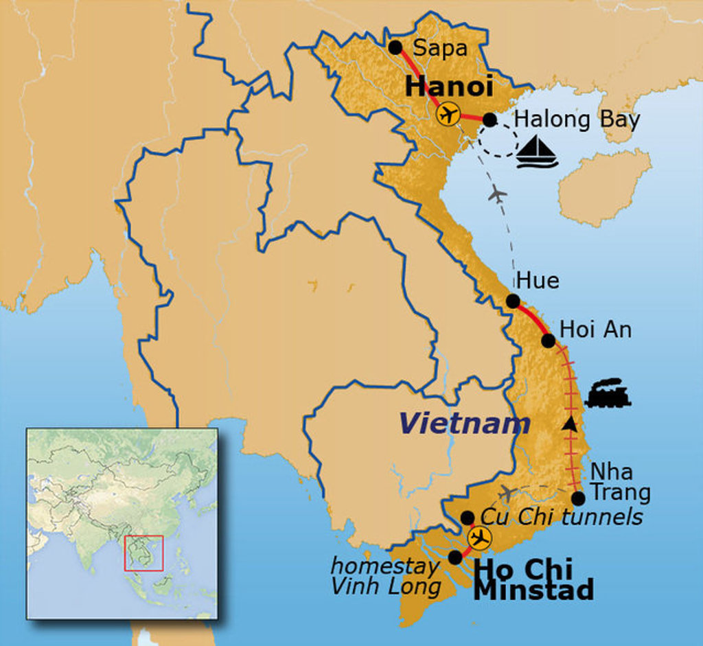 Routekaart Vietnam met reisroute langs Ho Chi Minhstad, Nha Trang, Hoi An, Hue, Halong Bay en Hanoi.