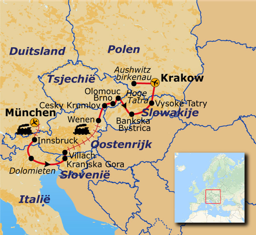 Routekaart Centraal Europa met reisroute langs München, Innsbruck, Wenen, Krakow en Hoge Tatra.