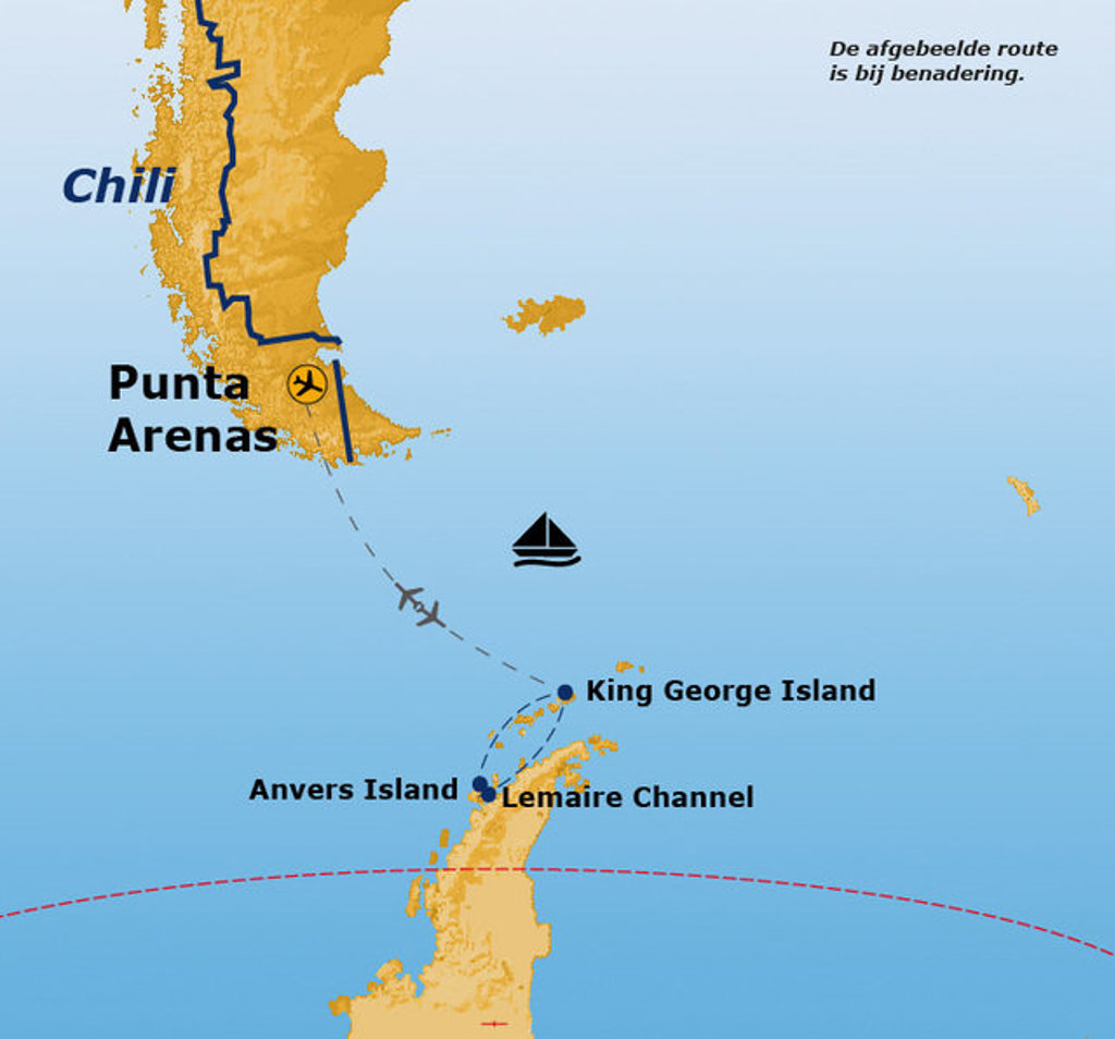 Routekaart Antarctica: vlucht Punta Arenas naar King George Island en vaartocht langs Anvers Island en Lemaire Channel.