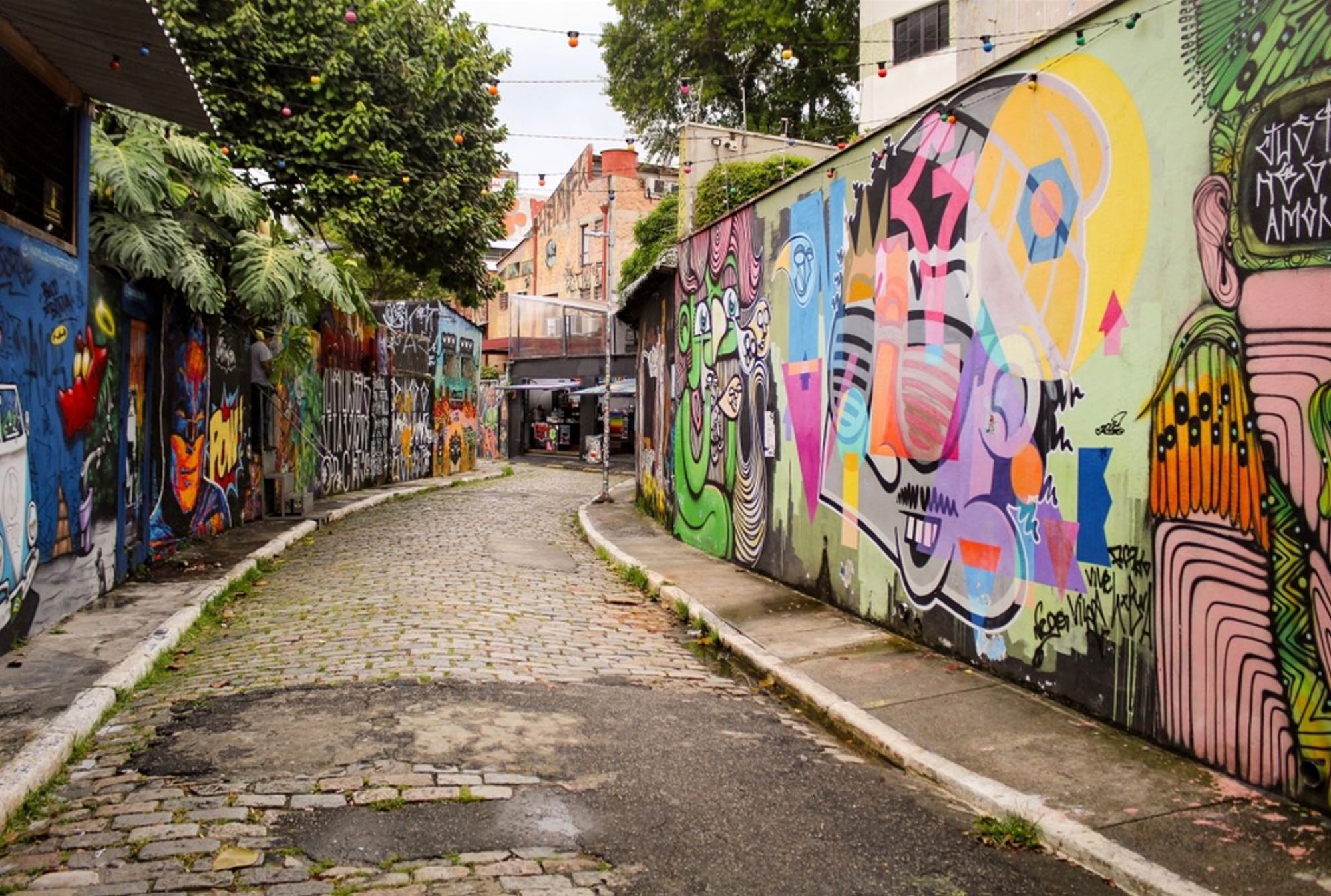 Straat met kleurrijke muurschilderingen en graffiti in een wijk in Brazilië.