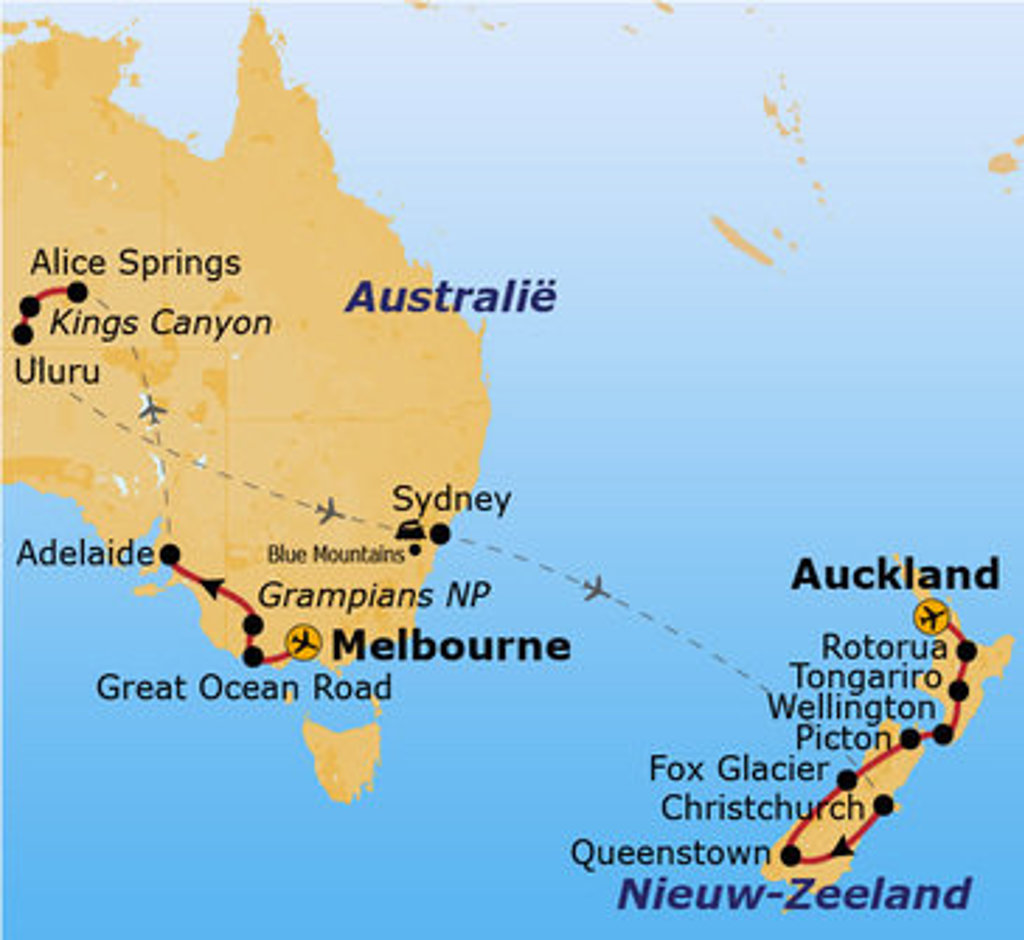 Routekaart Route 1 Australië & Nieuw-Zeeland met reisroute langs o.a. Sydney, Melbourne, Auckland en Queenstown.