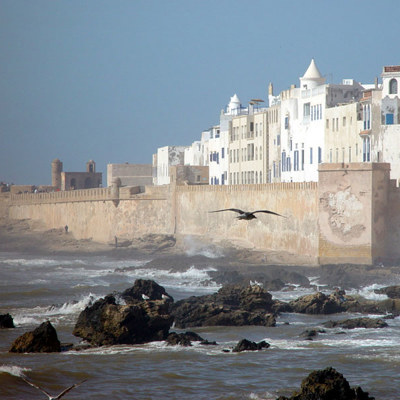 Kustlijn met stadsmuur en witte huizen in Essaouira, Marokko, tijdens groepsrondreis Marokko Hoogtepunten.