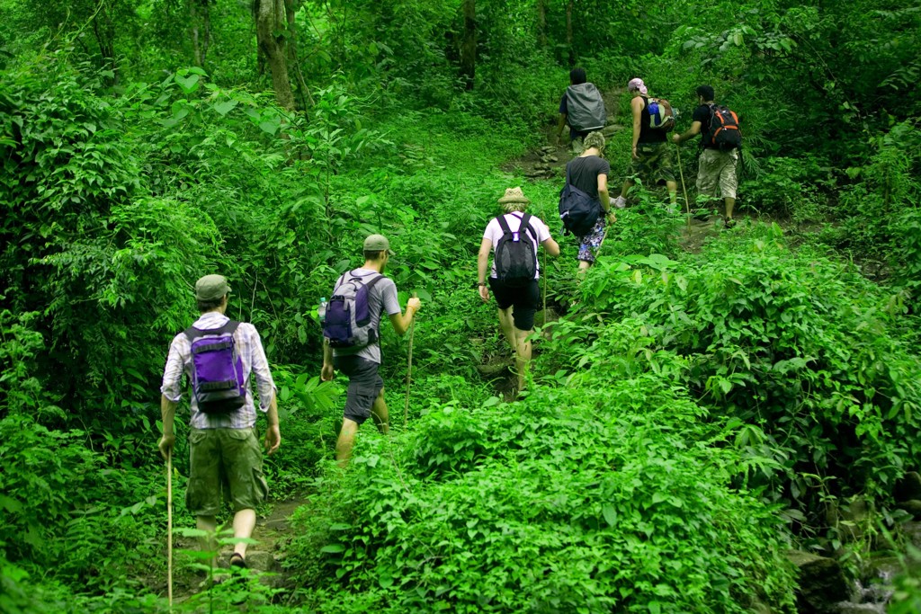 Wandelaars met rugzakken op junglepad tijdens groepsrondreis Thailand Noord en Zuid.