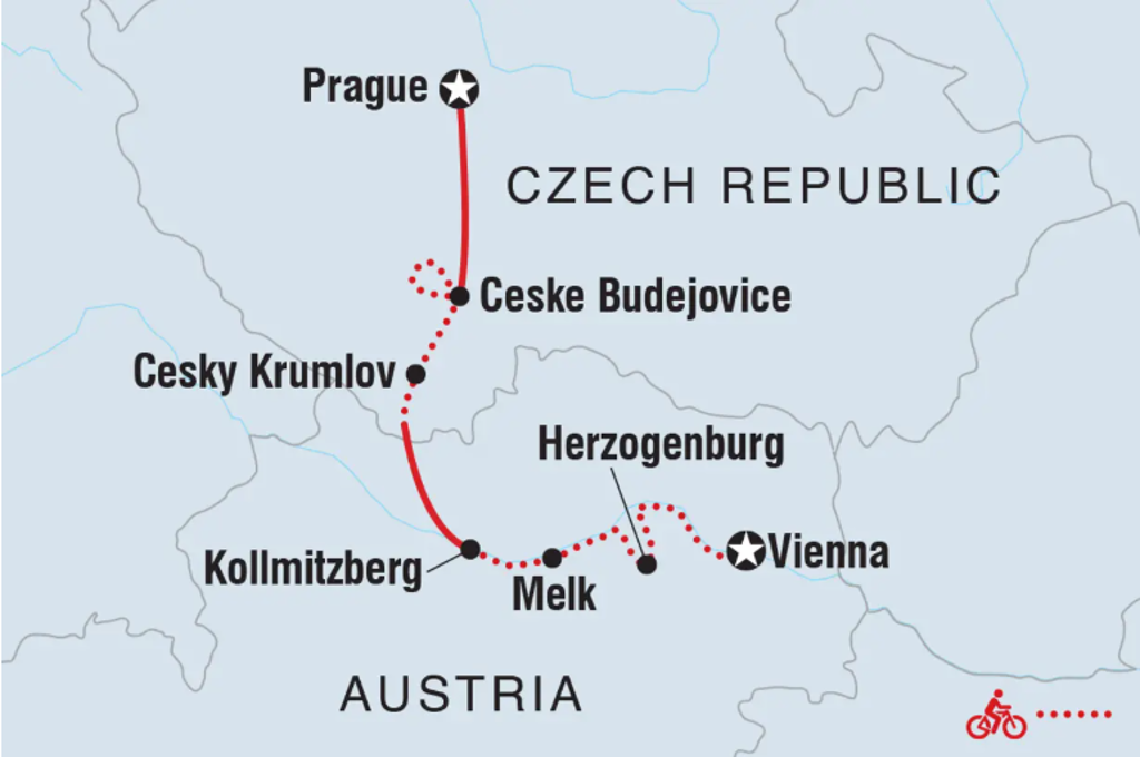 Routekaart fietsreis van Praag naar Wenen via Cesky Krumlov, Ceske Budejovice, Melk en Herzogenburg.