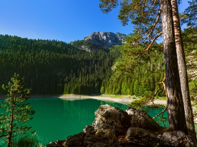 Bergmeer met turquoise water, dennenbos en rotsachtige bergtop langs de Route Zuid-Oost Europa.