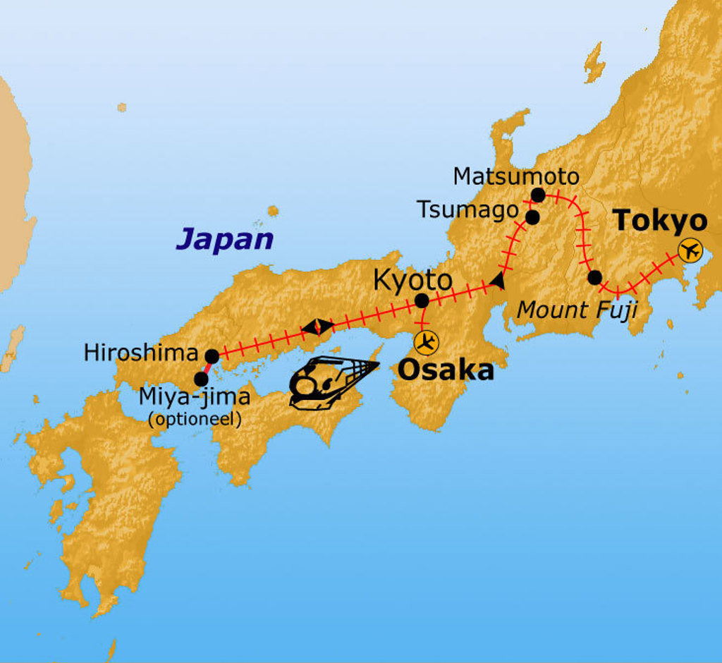 Routekaart Japan vanaf met reisroute langs Tokyo, Mount Fuji, Matsumoto, Kyoto, Osaka en Hiroshima.