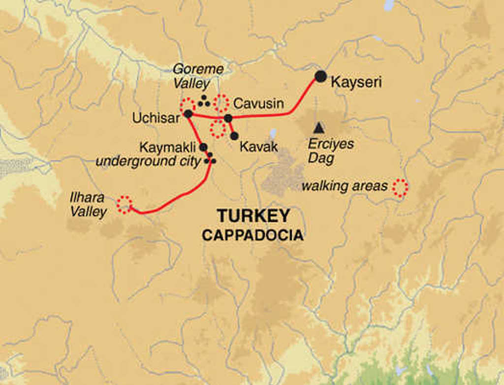 Routekaart Cappadocië met wandelgebieden en plaatsen zoals Kayseri, Göreme Valley, Uçhisar, Çavuşin en Ihlara Valley.