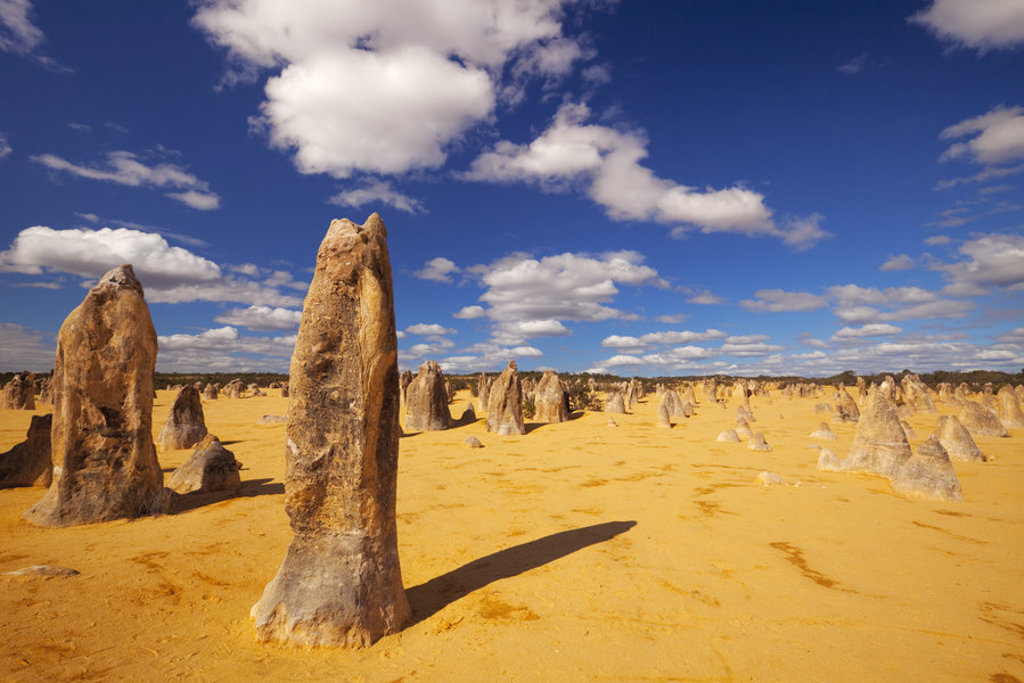 Pinnacles Desert met kalkstenen rotsformaties in West-Australië onder een blauwe lucht.