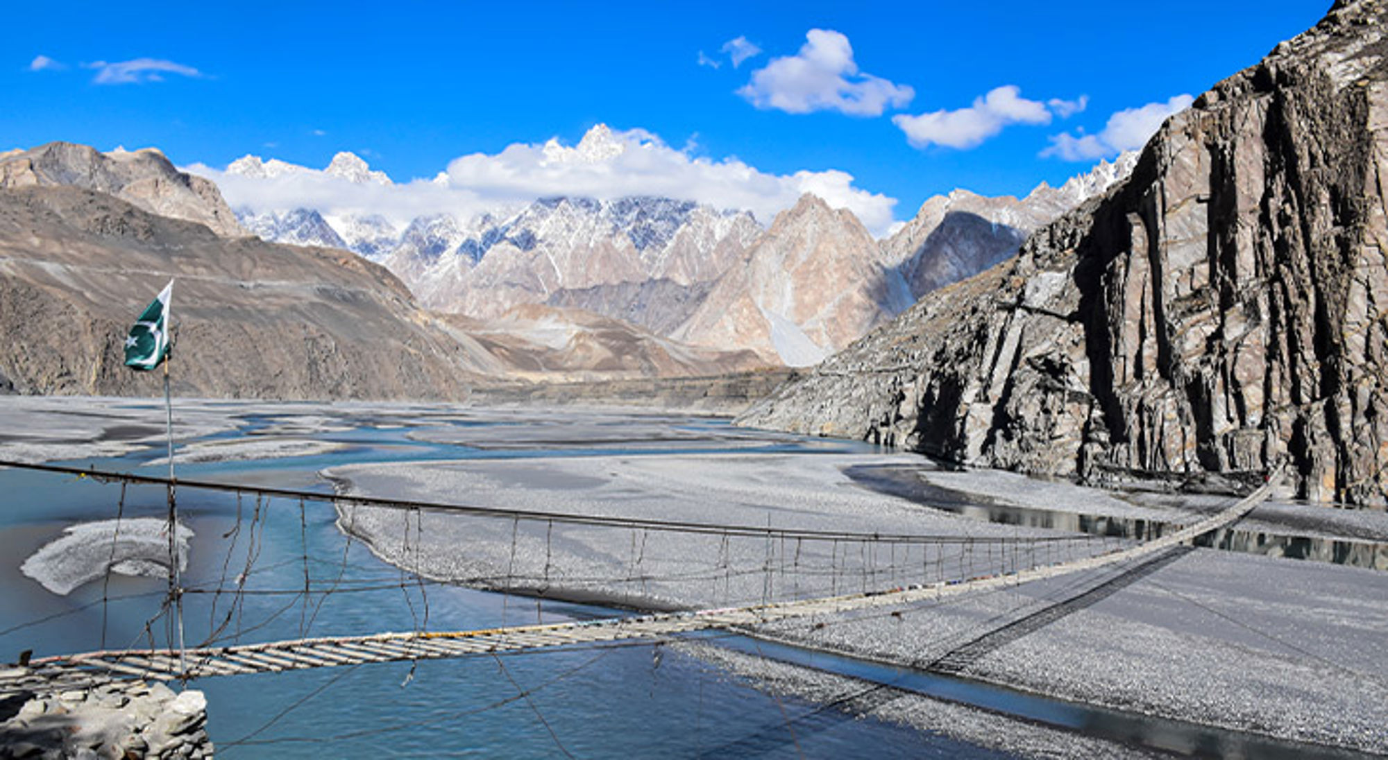 Passu Pakistan Hangbrug over een brede rivier met berglandschap en besneeuwde toppen op de achtergrond.