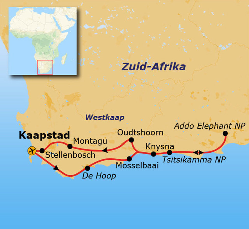 Routekaart Tuinroute in Zuid-Afrika via Kaapstad, Stellenbosch, Oudtshoorn, Knysna, Tsitsikamma en Addo Elephant NP.
