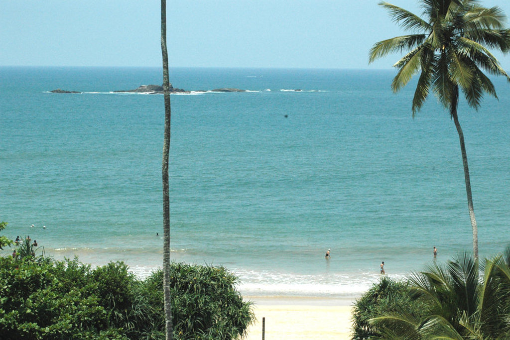 Uitzicht op een strand in Sri Lanka met palmbomen, blauwe zee en zwemmers tijdens een groepsrondreis.