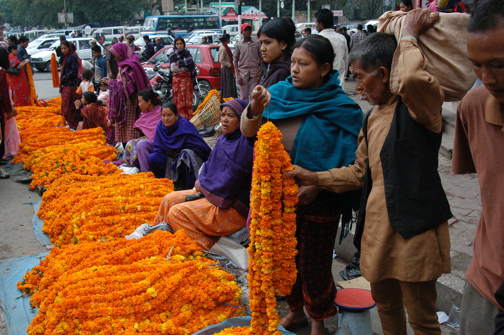 Bloemenmarkt in Nepal met verkopers en slingers van oranje goudsbloemen tijdens een familiereis Nepal.