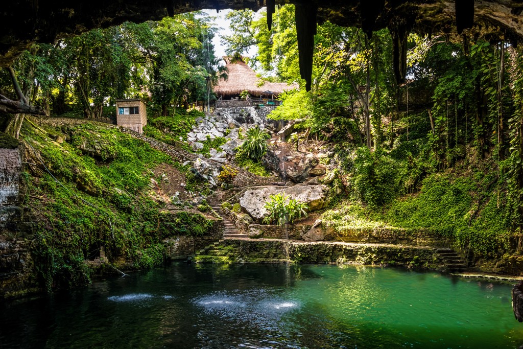 Groene cenote met helder water en rotswanden in de jungle, een hoogtepunt tijdens een familiereis Mexico.