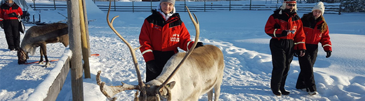 Reizigers in Lapland met rendieren in een besneeuwd landschap bij een boerderij.
