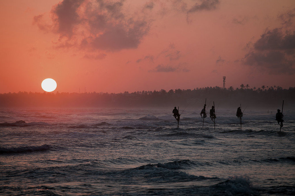 Vissers op palen in zee bij zonsondergang, Sri Lanka.