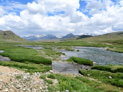 Groene vallei met meanderende rivier en besneeuwde bergen in Baltistan, Pakistan.