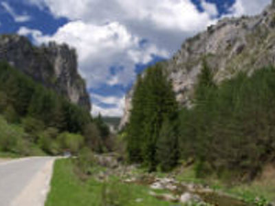 Bergkloof in de Bulgaarse Balkan met rotswanden, bos en beek langs de weg.