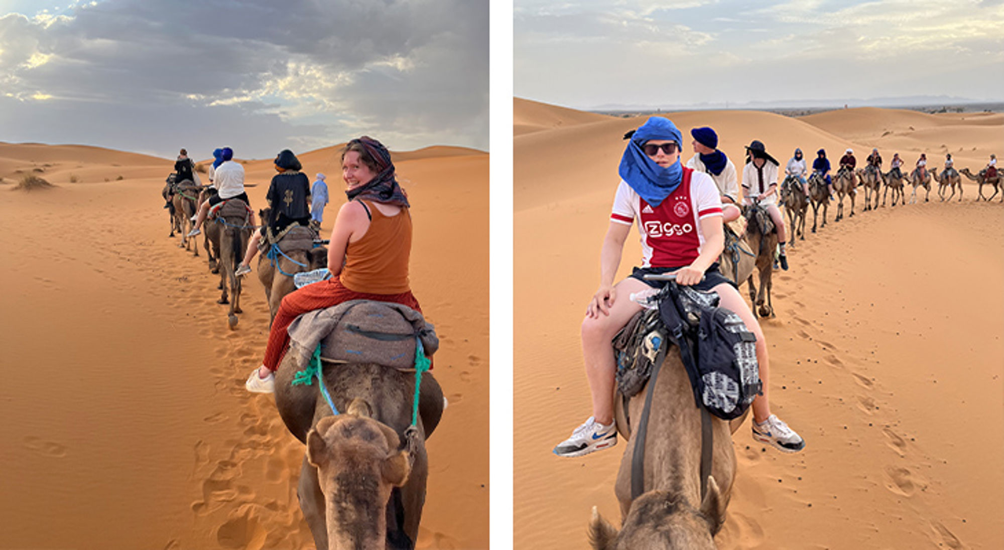 Erg Chebbi woestijn Kameeltocht met groep reizigers door zandduinen in de woestijn bij zonsondergang.