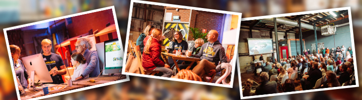 Bezoekers tijdens het Sawadee Reisevent , met reisadvies aan balies, gesprekken aan tafel en een presentatiezaal.