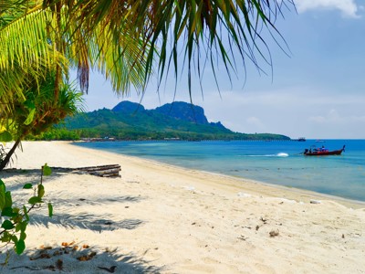 Zandstrand met palmbomen en longtailboot bij Koh Tao, Thailand, tijdens de route Singapore, Maleisië & Thailand.