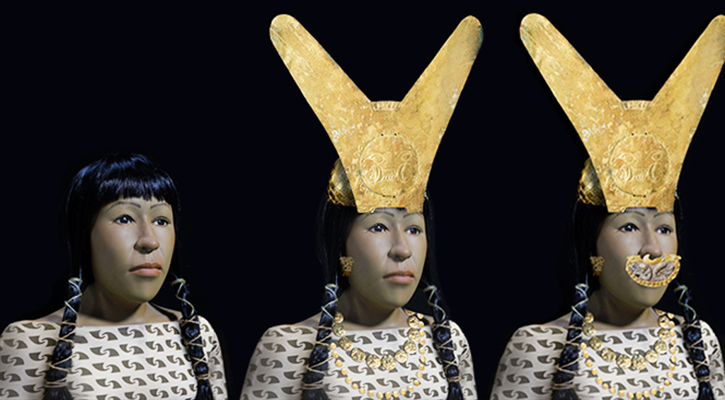 Reconstructie van Moche-vrouw met gouden hoofdtooi en sieraden in museum in Noord-Peru.