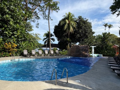 Zwembad met ligbedden bij Valverde Lodge in Costa Rica, omringd door tropische bomen en palmen.
