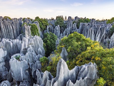 Karstlandschap van het Stenen Woud bij Kunming met grillige kalksteenpieken en groene begroeiing.