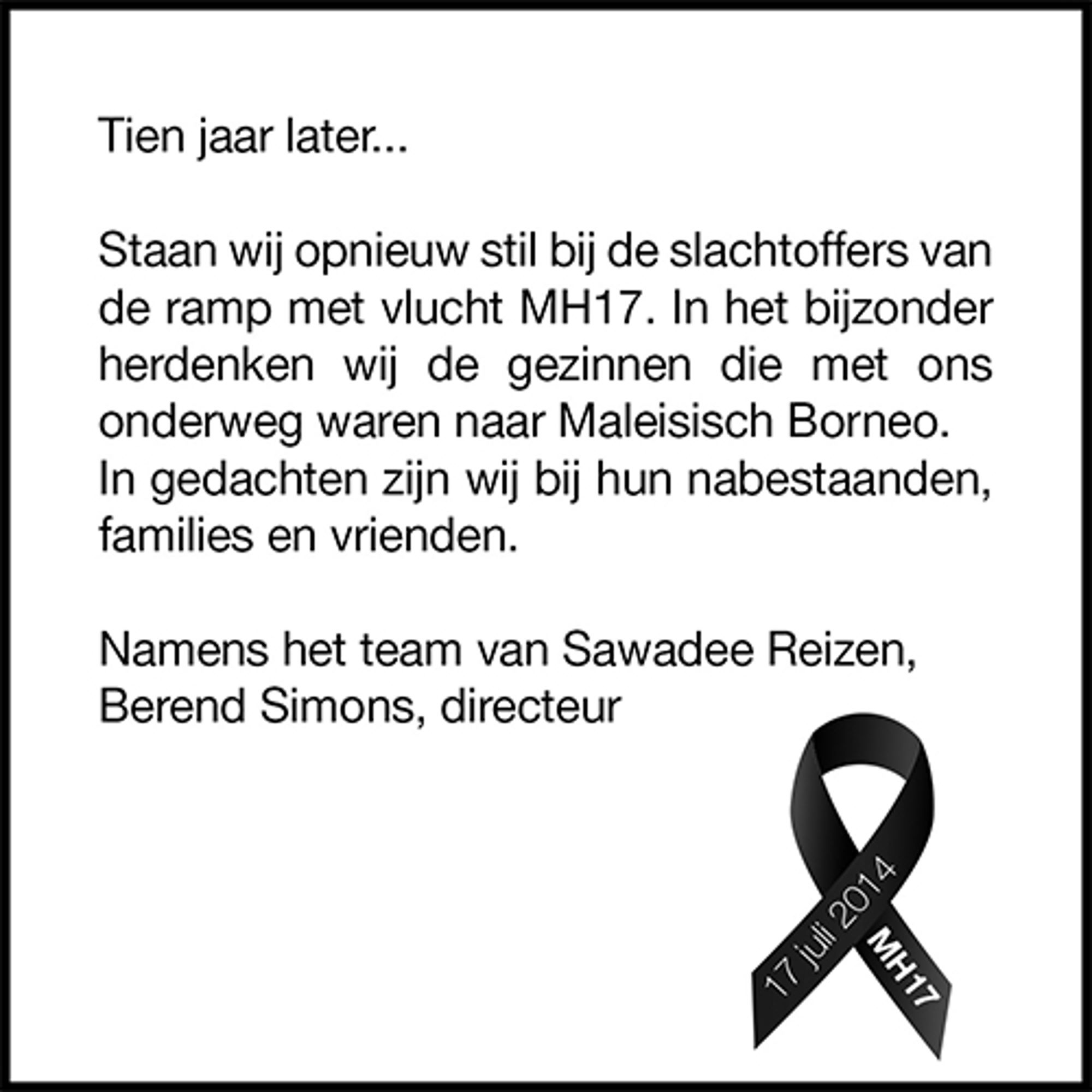 MH17 Sawadee Reizen Herdenkingsbericht voor de slachtoffers van vlucht MH17 met zwarte rouwlint en datum 17 juli 2014.