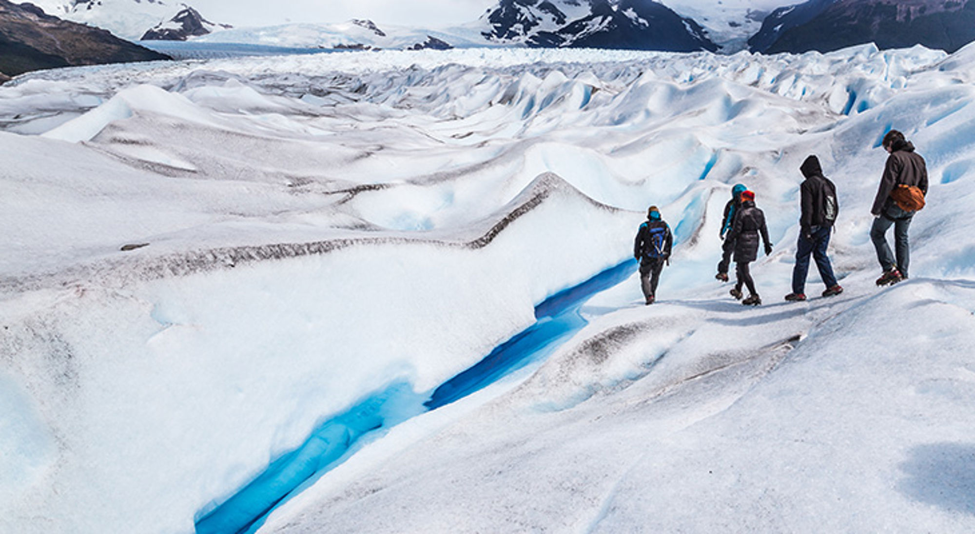 Wandelen bij Perito Moreno Wandelaars op een gletsjer in Patagonië, met diepe blauwe ijsspleten en besneeuwde bergen op de achtergrond.