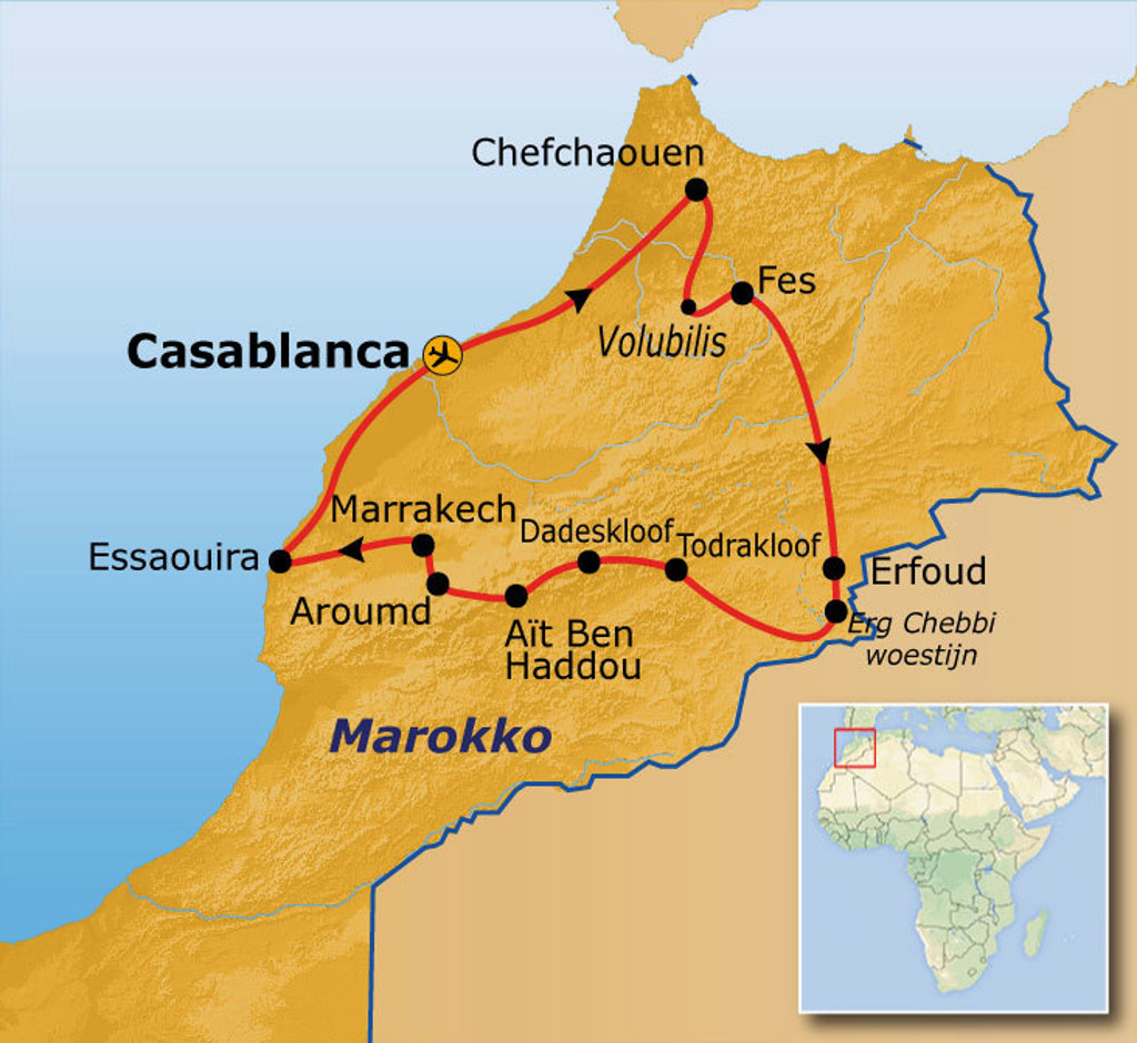 Routekaart Marokko met reisroute langs Casablanca, Marrakech, Essaouira, Fes, Chefchaouen en Erfoud.
