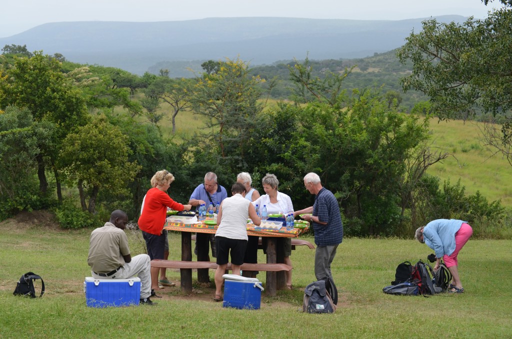 Groepsrondreis Zuid-Afrika, eSwatini en Lesotho: reizigers lunchen aan picknicktafel in de natuur.